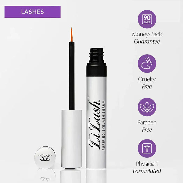 Eyelash serum with applicator on a white background, featuring LiLash branding and product features.