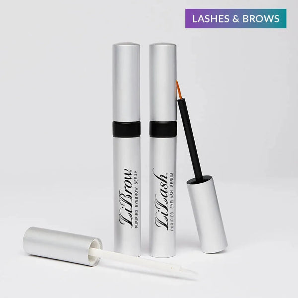 Eyebrow serum with applicator on a light gray background